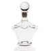 A clear glass decanter with a decorative wavy pattern on the body, a flared base, and a round glass stopper, shown on a white background.