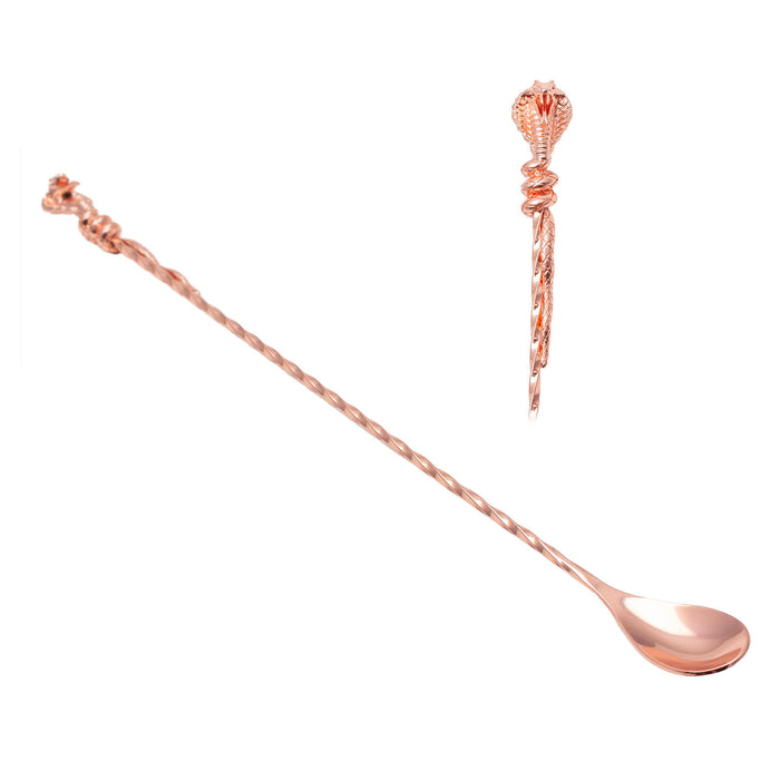 Rose gold cocktail spoon with a twisted handle and a decorative top, shown alongside a matching close-up of the ornate top on a white background.
