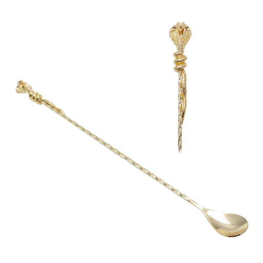 A gold-toned metal bar spoon with a long twisted handle and a decorative cobra-head end, shown on a plain white background with a smaller inset view of the top detail.