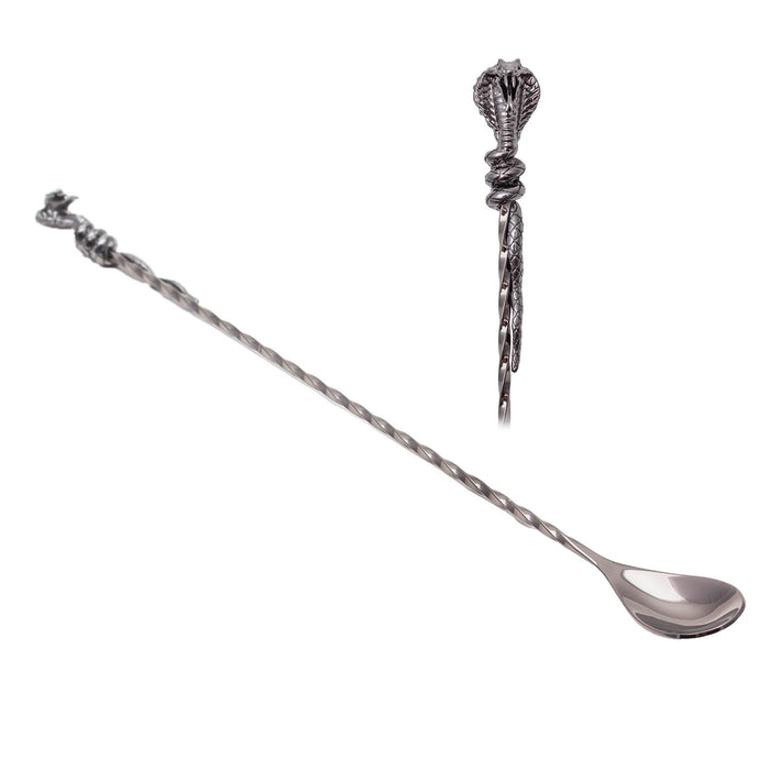 A long metal spoon with a twisted handle and a decorative cobra head handle, shown on a plain white background with a smaller inset view of the top detail.