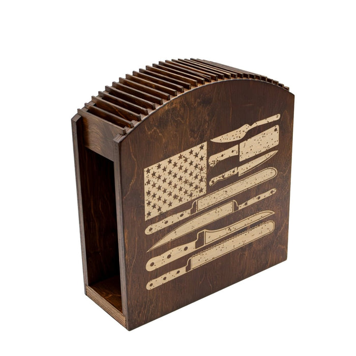 Laser Engraved Knife Block with knives Dark Stain Culinary American Flag Handcrafted in the USA empty 