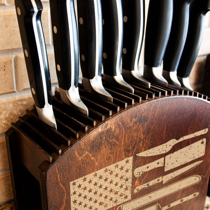 Laser Engraved Knife Block with knives Dark Stain Culinary American Flag Handcrafted in the USA with knives close up slots