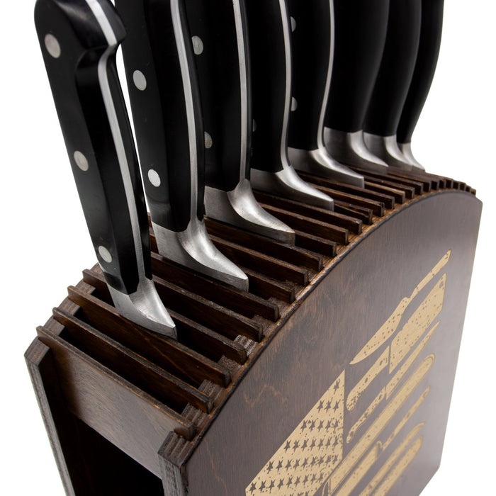 Laser Engraved Knife Block with knives Dark Stain Culinary American Flag Handcrafted in the USA knives close up