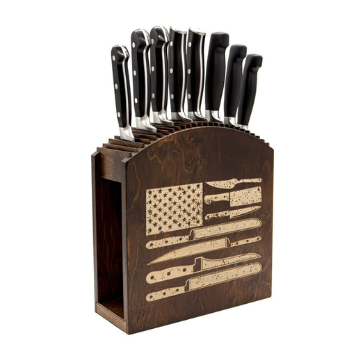 Laser Engraved Knife Block with knives Dark Stain Culinary American Flag Handcrafted in the USA with knives