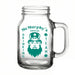 Clear glass mug with green text and a graphic of a leprechaun on a white background