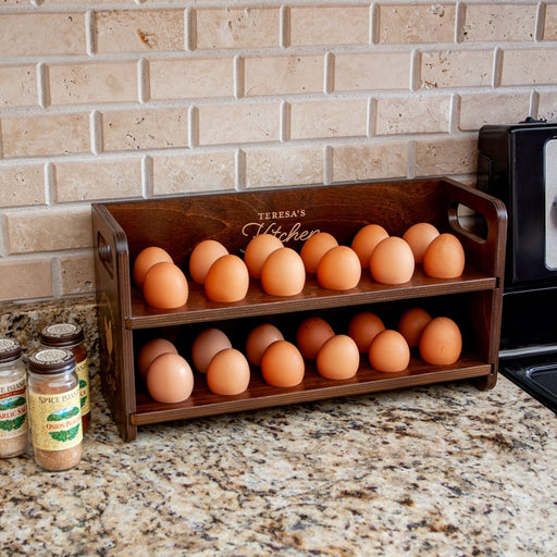 Wooden Egg Holder for 2 Dozen Eggs Dark Walnut Stain With Laser Engraving Customizable Farm Fresh Eggs Handcrafted in the USA with eggs in Kitchen
