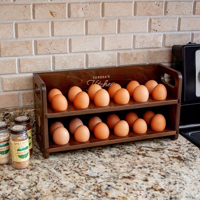 Wooden Egg Holder for 2 Dozen Eggs Dark Walnut Stain With Laser Engraving Customizable Farm Fresh Eggs Handcrafted in the USA with eggs in Kitchen
