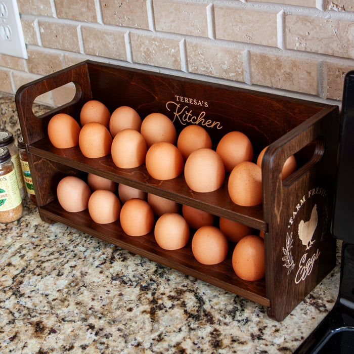 Wooden Egg Holder for 2 Dozen Eggs Dark Walnut Stain With Laser Engraving Customizable Farm Fresh Eggs Handcrafted in the USA with eggs in Kitchen