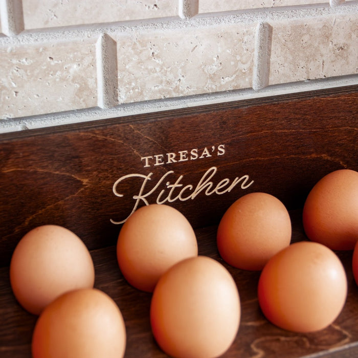 Wooden Egg Holder for 2 Dozen Eggs Dark Walnut Stain With Laser Engraving Customizable Farm Fresh Eggs Handcrafted in the USA with eggs Close Up Customizable Design