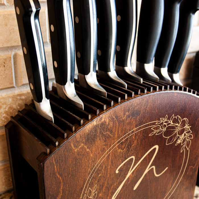 Laser Engraved Knife Block with knives Dark Stain Custom Floral Circle Monogram with Name Handcrafted in the USA with knives close up slots