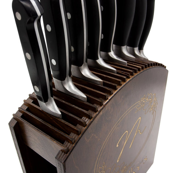 Laser Engraved Knife Block with knives Dark Stain Custom Floral Circle Monogram with Name Handcrafted in the USA knives close up