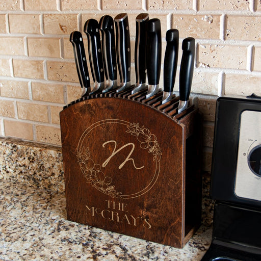 Laser Engraved Knife Block with knives Dark Stain Custom Floral Circle Monogram with Name Handcrafted in the USA with knives in kitchen
