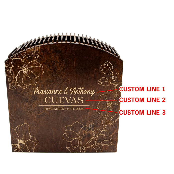 Wooden knife block with floral designs and engraved text, suitable for personalized messages.