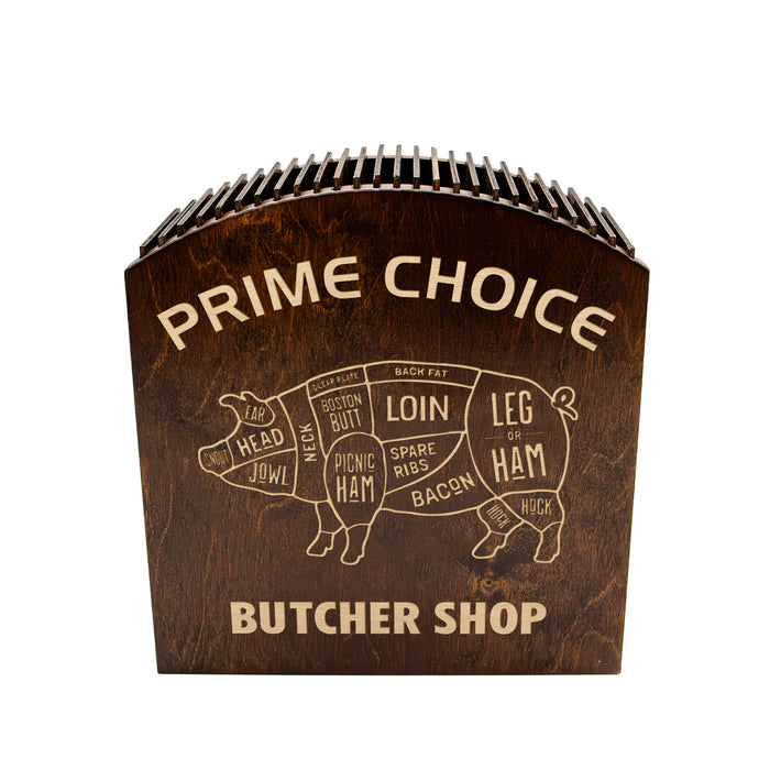 Wooden butcher block with cut of meat chart and 'Prime Choice Butcher Shop' text on a white background