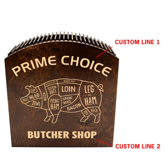 Butcher shop meat cut chart with 'Prime Choice' and 'Butcher Shop' text on a wooden background.