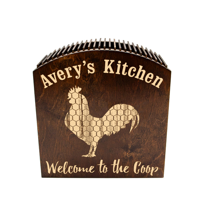 Wooden product with 'Avery's Kitchen' branding and a rooster design on a white background