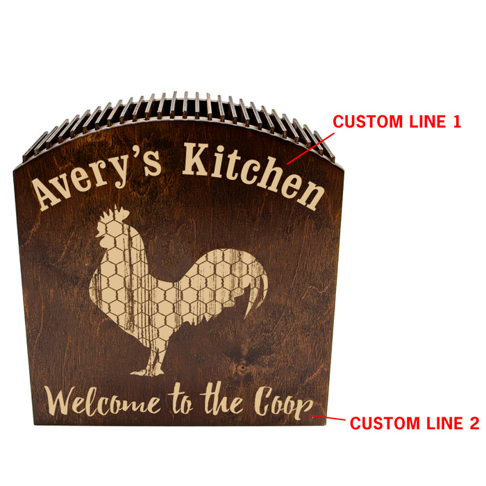 Wooden sign with rooster silhouette and engraved text 'Avery's Kitchen Welcome to the Coop' on a white background.