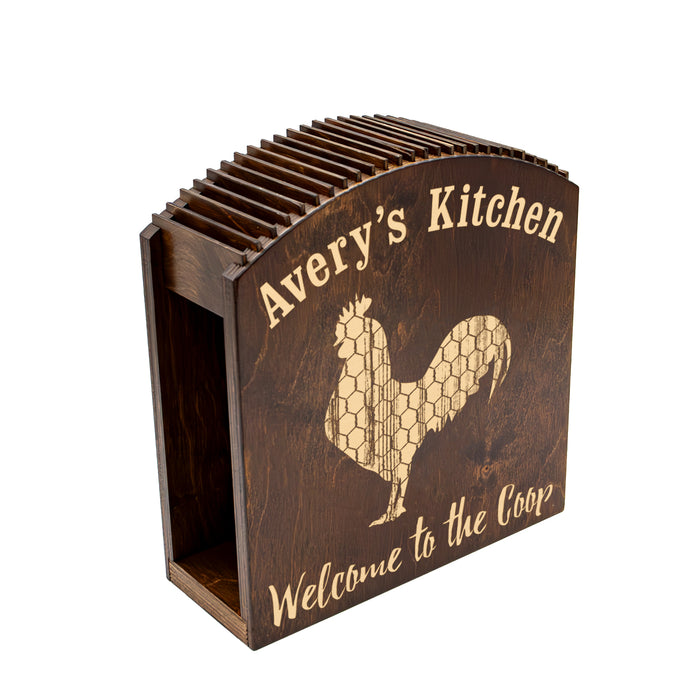 Wooden napkin holder with 'Avery's Kitchen' and rooster design on a white background