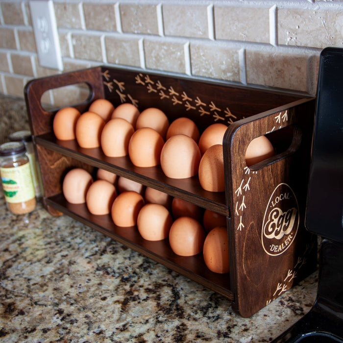 Wooden Egg Holder for 2 Dozen Eggs Dark Walnut Stain With Laser Engraving Local Egg Dealer Handcrafted in the USA with eggs in kitchen