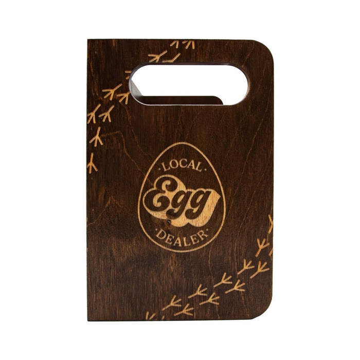 Wooden Egg Holder for 2 Dozen Eggs Dark Walnut Stain With Laser Engraving Local Egg Dealer Handcrafted in the USA Side with handle 