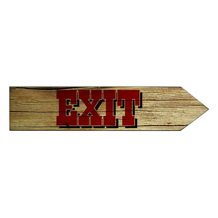 Wooden exit sign with red 'EXIT' text on a white background