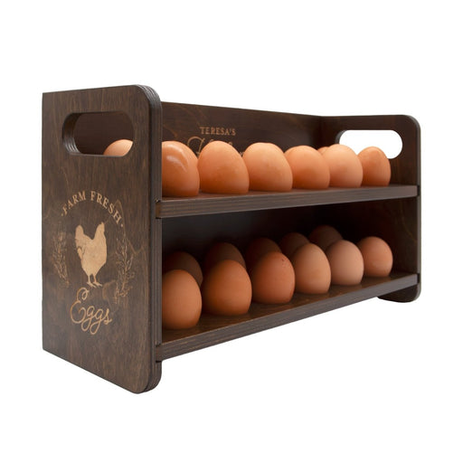 Wooden Egg Holder for 2 Dozen Eggs Dark Walnut Stain With Laser Engraving Customizable Farm Fresh Eggs Handcrafted in the USA with eggs