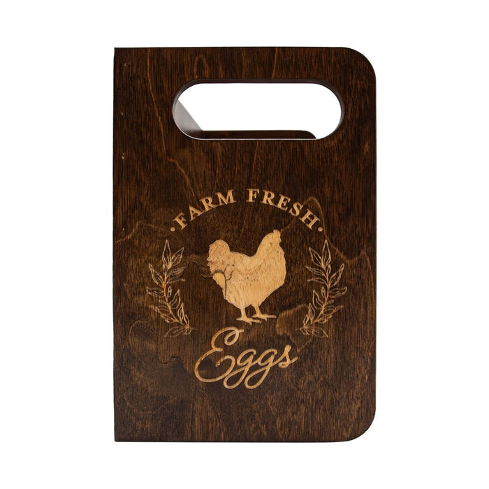 Wooden Egg Holder for 2 Dozen Eggs Dark Walnut Stain With Laser Engraving Customizable Farm Fresh Eggs Handcrafted in the USA side with handles 