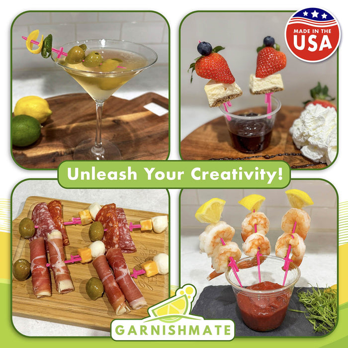GarnishMate product collage with skewers and cocktails, featuring 'Made in USA' label and 'Unleash Your Creativity!' text.