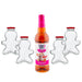 Bottle of Skinny Mixes Gingerbread syrup with four gingerbread-shaped glass bottles on a white background
