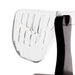 A close-up of a modern transparent glass chair with a ribbed clear backrest and a black metal side support, shown against a plain white background.