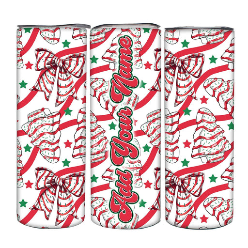 Three cans with festive Christmas design featuring bows, candy canes, and trees on a white background.