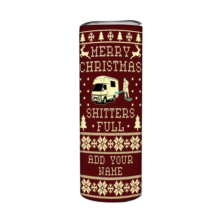 Tumbler with Christmas-themed design and text on a white background