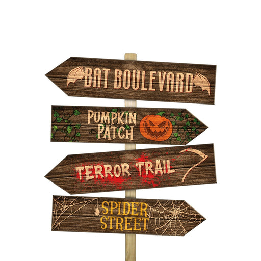 Halloween-themed wooden signpost with directional arrows on a white background