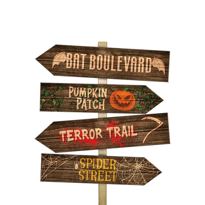 Halloween-themed wooden signpost with directional arrows on a white background