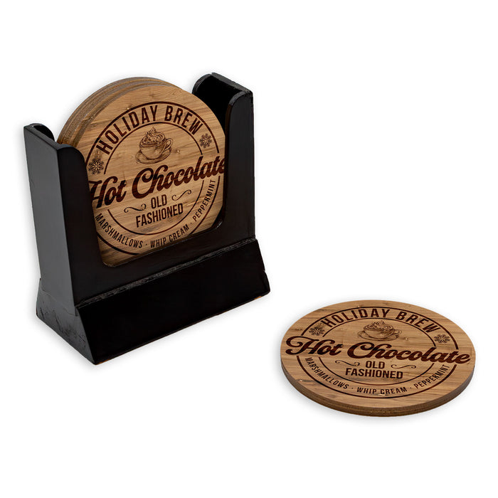 Wooden coasters with 'Holiday Brew Hot Chocolate' text in a black holder on a white background