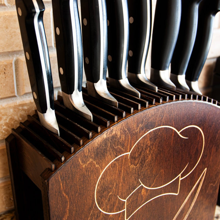 Laser Engraved Knife Block with knives Dark Stain  Handcrafted in the USA removeable slabs close up