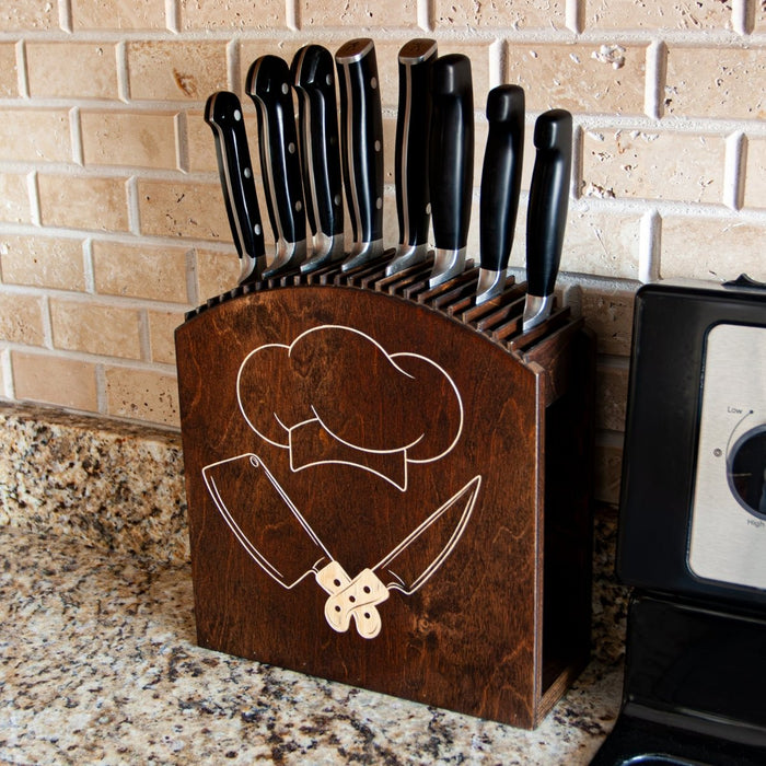 Laser Engraved Knife Block with knives Dark Stain  Handcrafted in the USA in the kitchen 