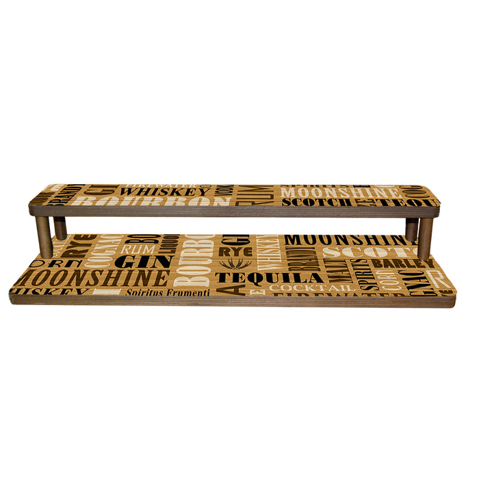 Two-tiered wooden shelf with alcohol-themed text on a white background