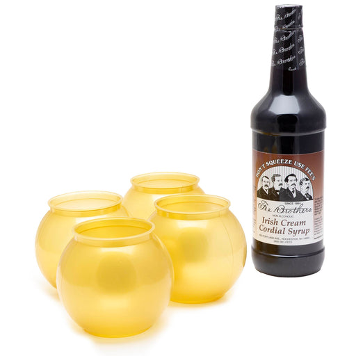 Bottle of Dr. Brother's Irish Cream Cordial Syrup with four gold glass tumblers on a white background