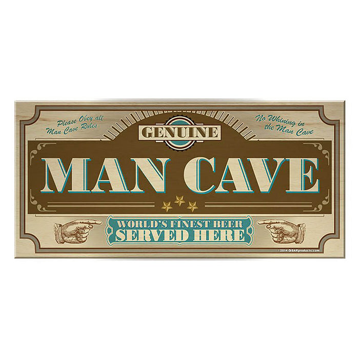 Decorative sign with 'Man Cave' text and vintage design elements on a white background