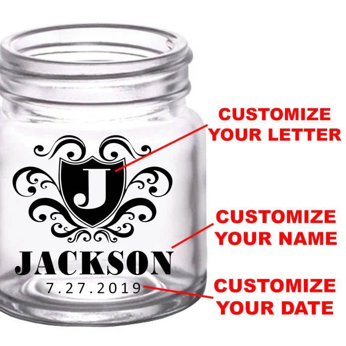CUSTOMIZABLE - 2oz Clear Mini Mason Jar Shot Glass - Crest (Version 3) - 12 Count