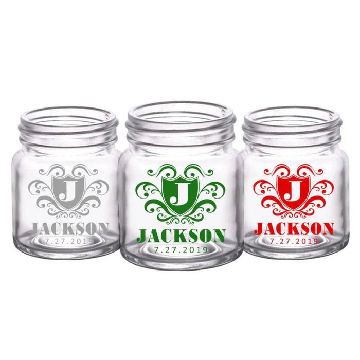 CUSTOMIZABLE - 2oz Clear Mini Mason Jar Shot Glass - Crest (Version 3) - 12 Count
