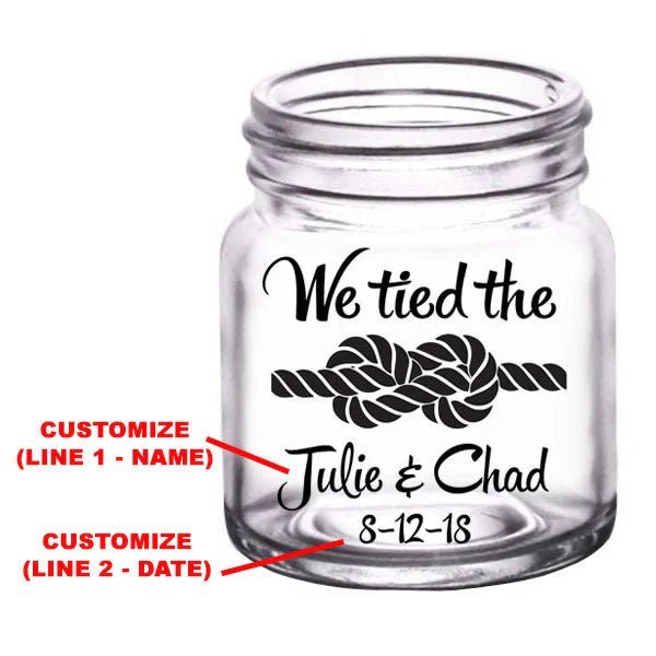 CUSTOMIZABLE - 2oz Clear Mini Mason Jar Shot Glass - Tied The Knot - 12 Count