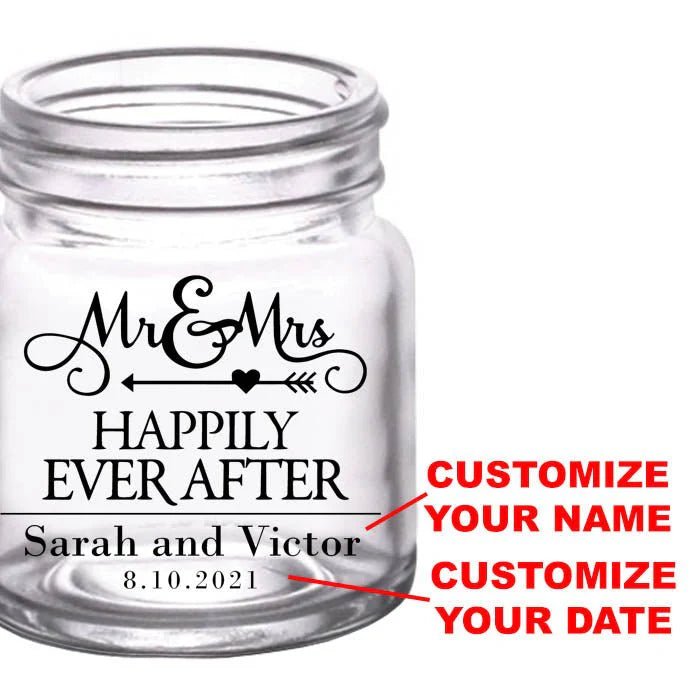 CUSTOMIZABLE - 2oz Clear Mini Mason Jar Shot Glass - Mr. and Mrs. Happily - 12 Count