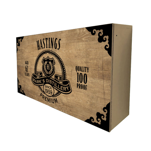 Wooden box with 'Hastings Mark's Distillery' branding on a white background