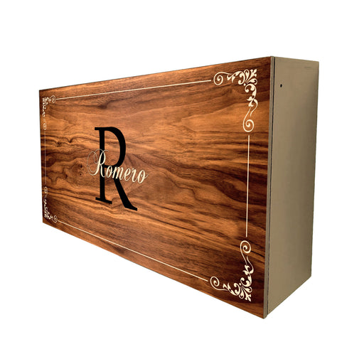 Wooden box with 'Romero' branding on a white background