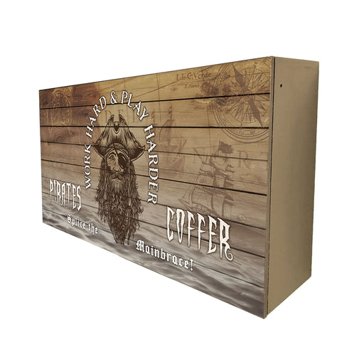 Wooden chest with pirate-themed design and text on a white background