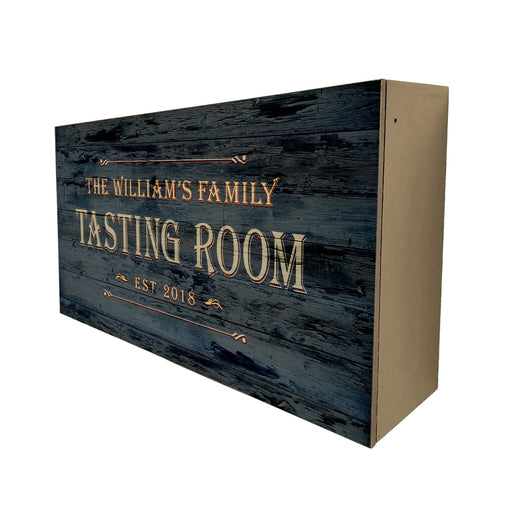 Wooden box with 'The William's Family Tasting Room' text on a white background