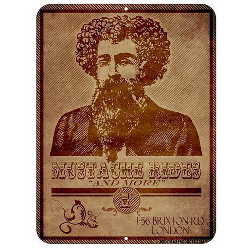Decorative sign with a vintage-style illustration of a man with a mustache and beard, featuring text 'Mustache Rides' and address details.