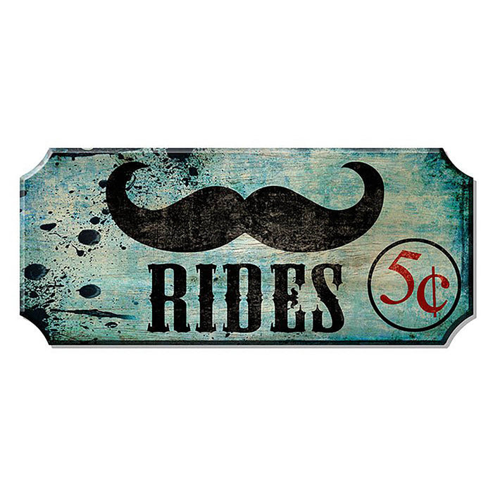 Vintage-style sign with a mustache graphic and text on a white background